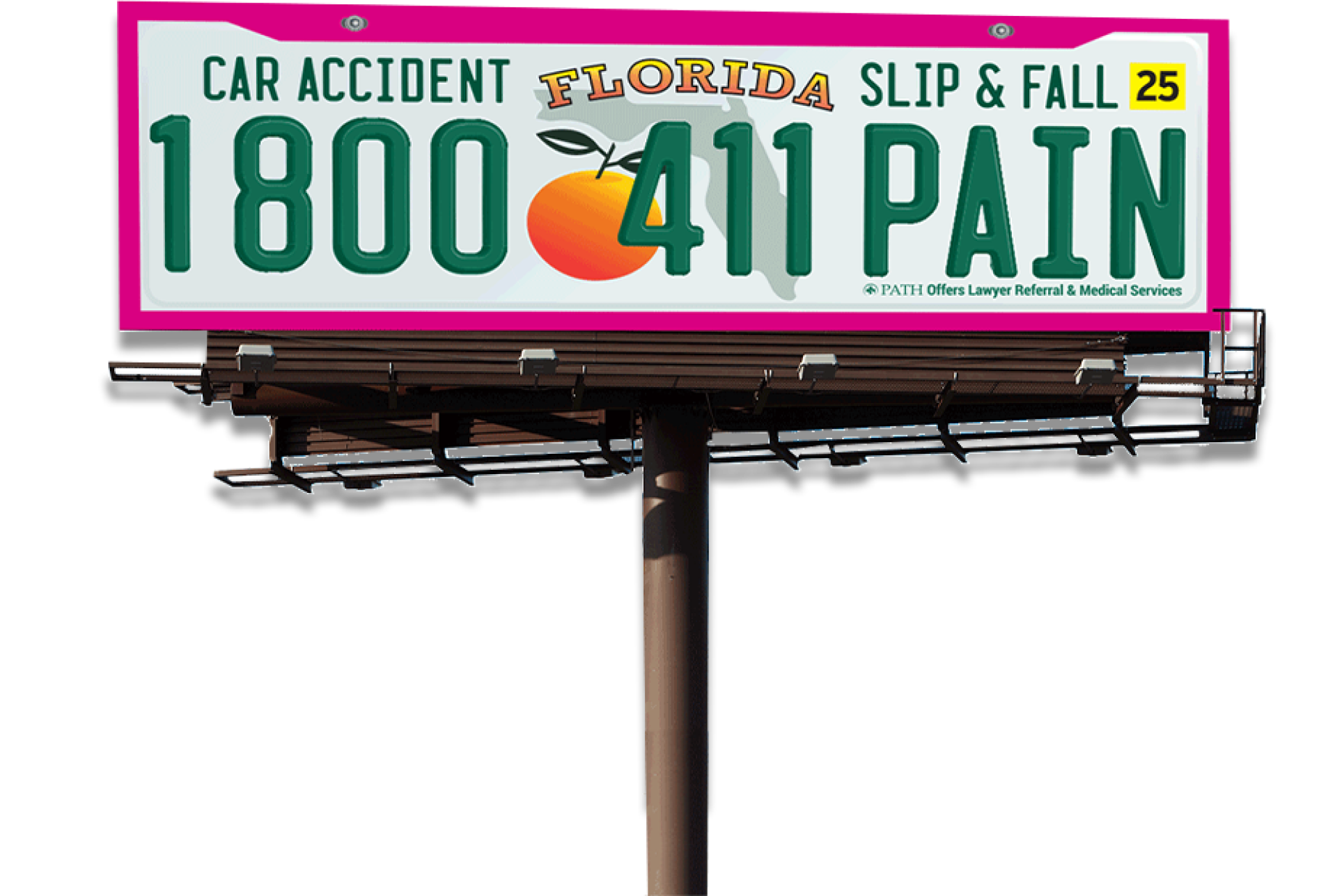 A pink billboard with the text "1 800 411 pain"