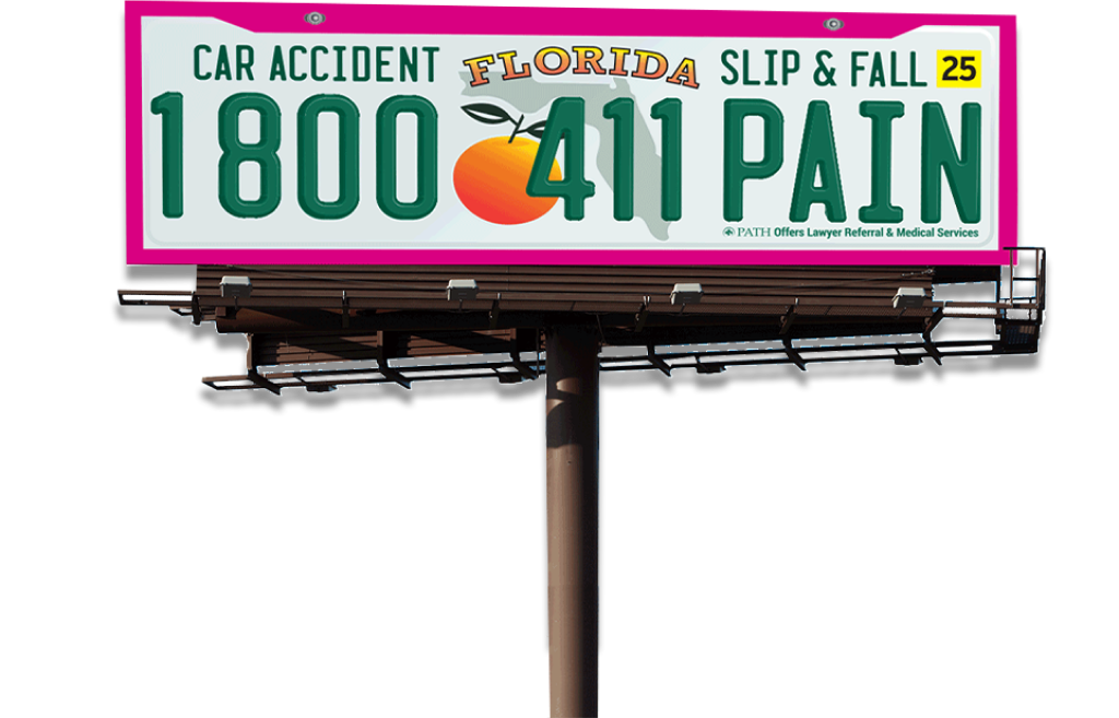 A pink billboard with the text "1 800 411 pain"